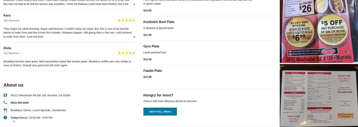 Mitra's Cafe Persian Kabob Menu