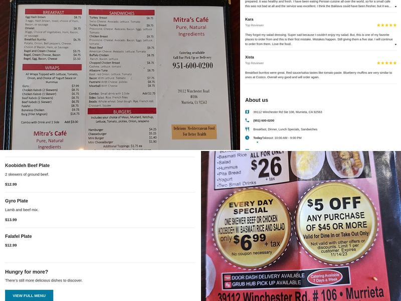 Mitra's Cafe Persian Kabob Menu