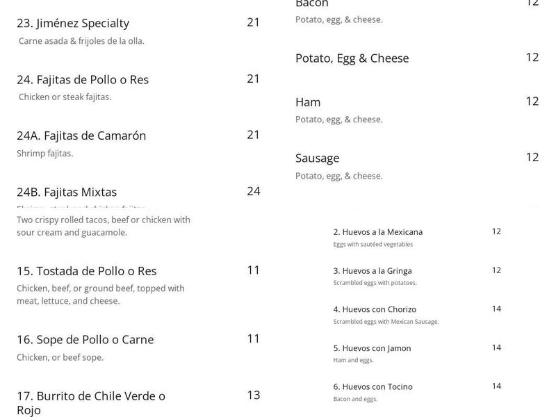Casa Jimenez Menu