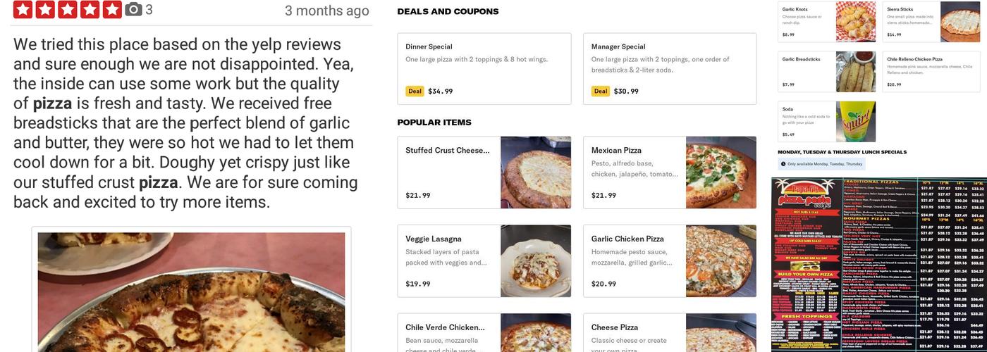 Papa G's pizza, pasta cafe Menu