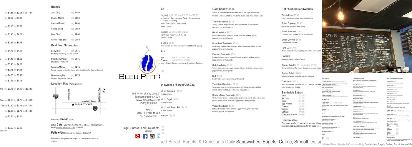Bleu Pitt Cafe Menu