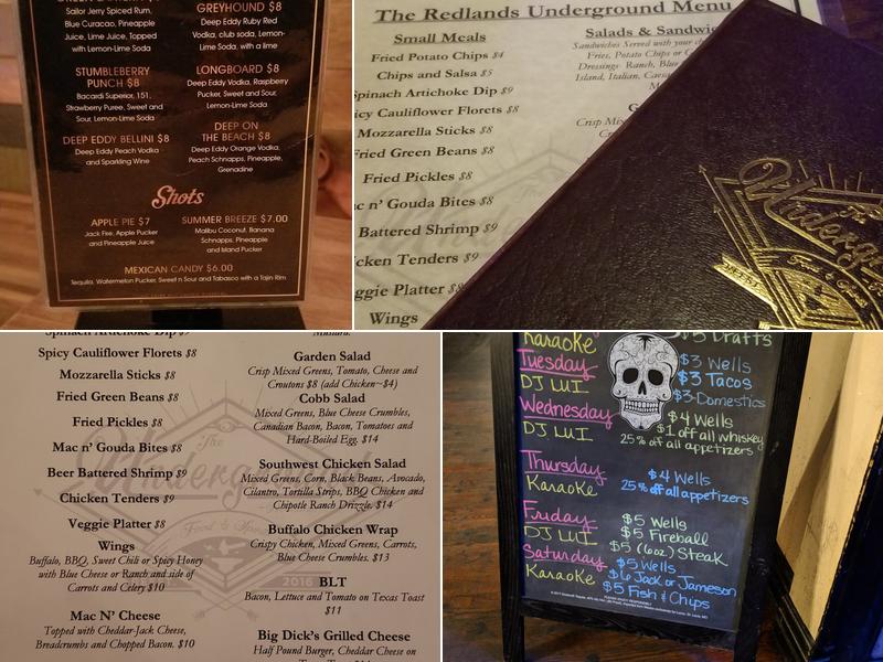 The Redlands Underground Restaurant and Bar Menu