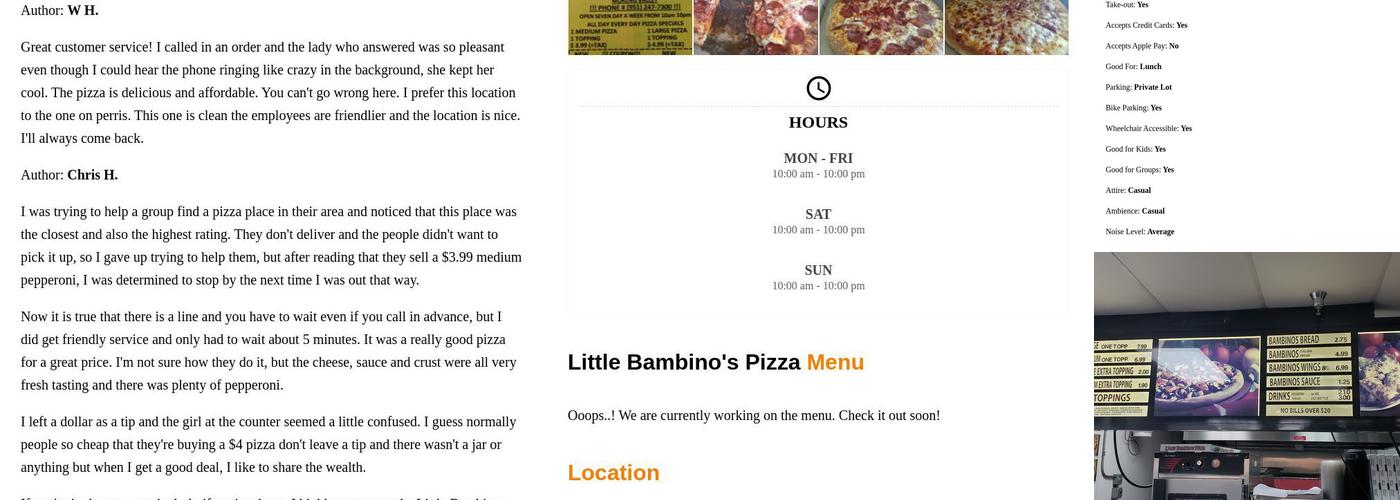 Little Bambino's Pizza Menu