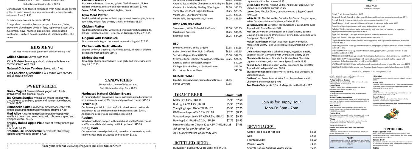 Hopsfrog Grille Menu