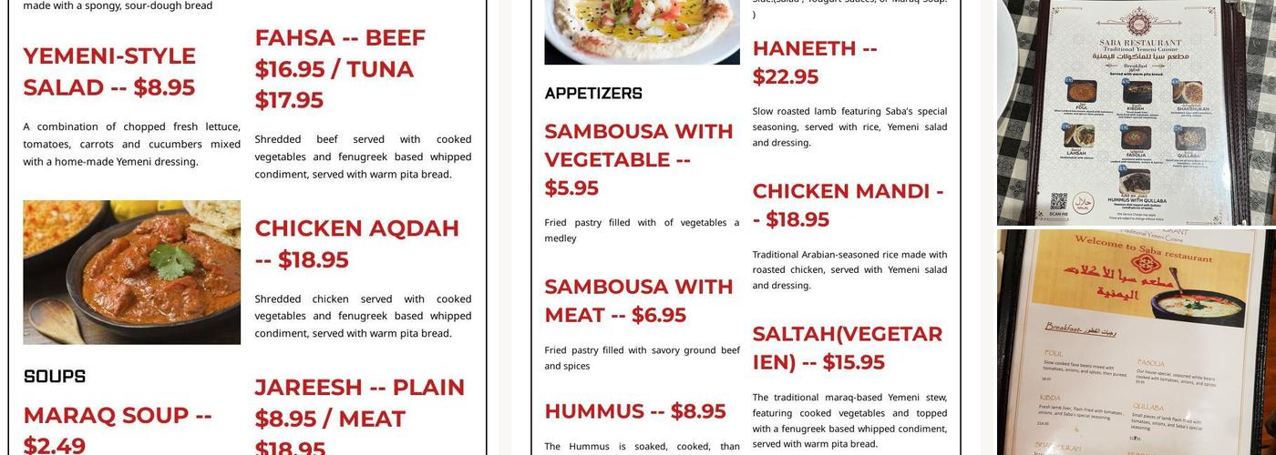 Saba Restaurant Menu