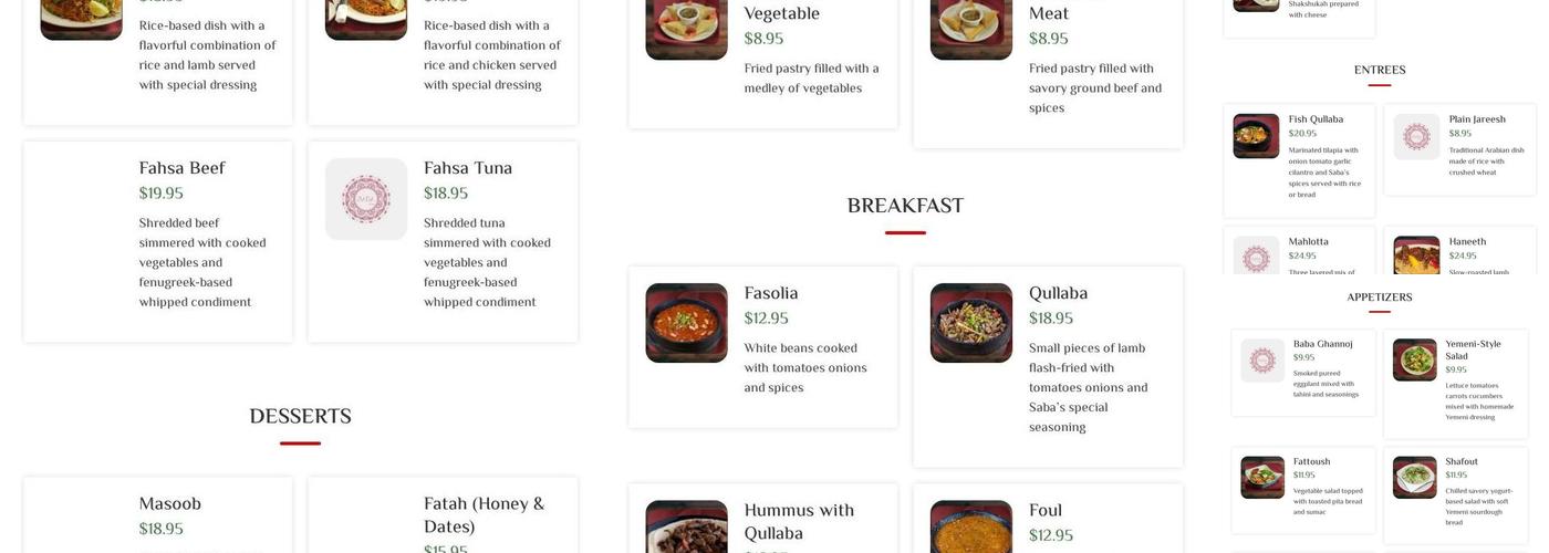 Saba Restaurant Menu