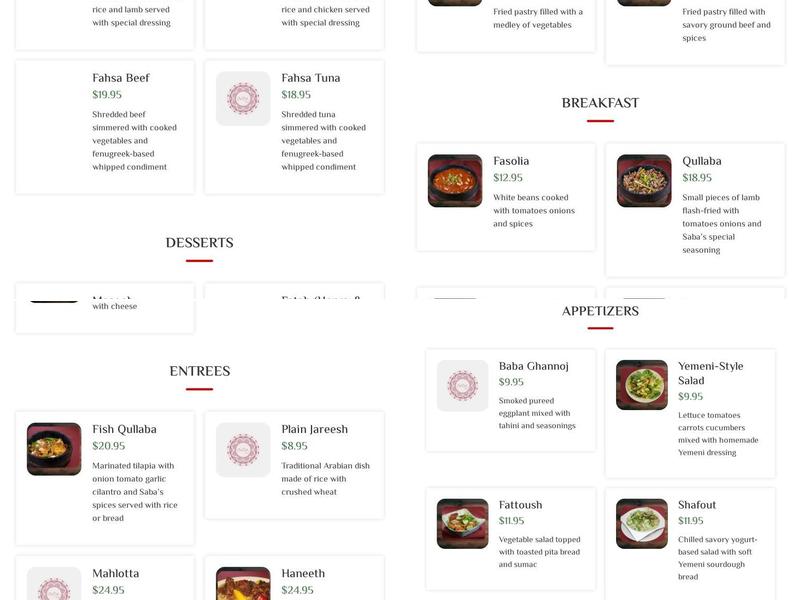 Saba Restaurant Menu