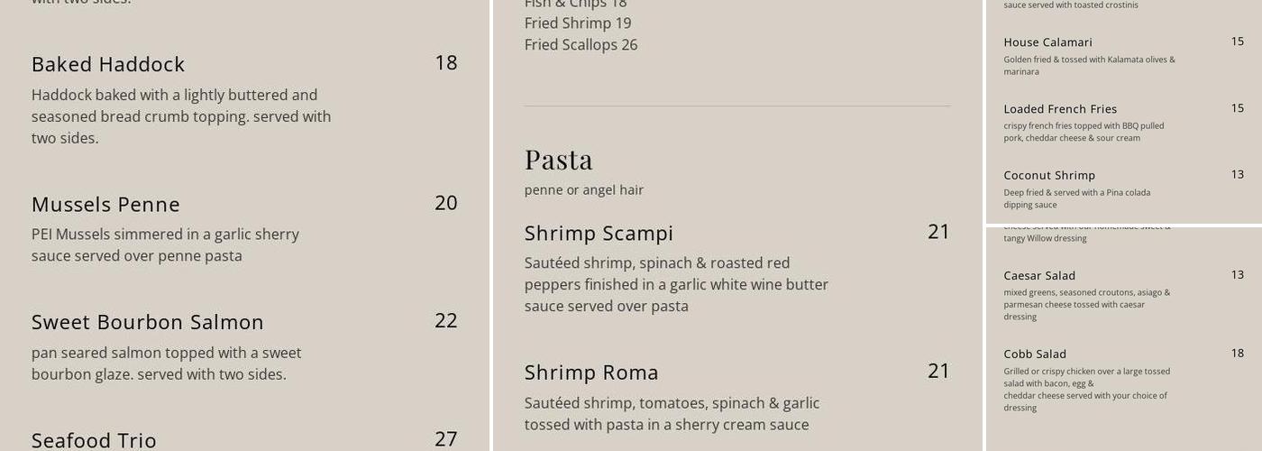 Willow Brook Restaurant Menu