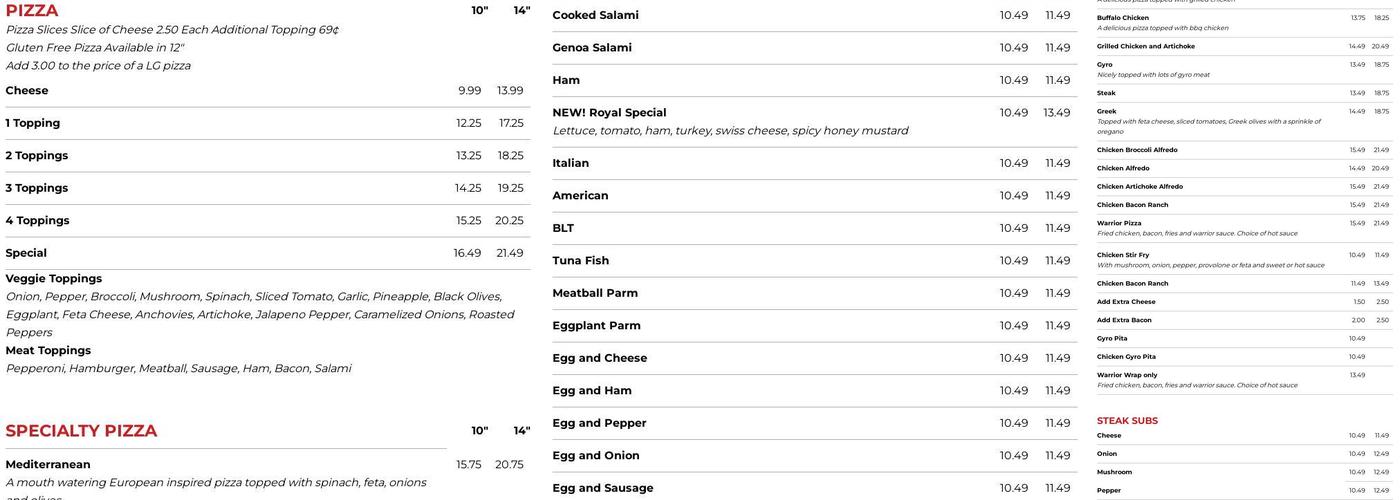 Royal Pizza Menu
