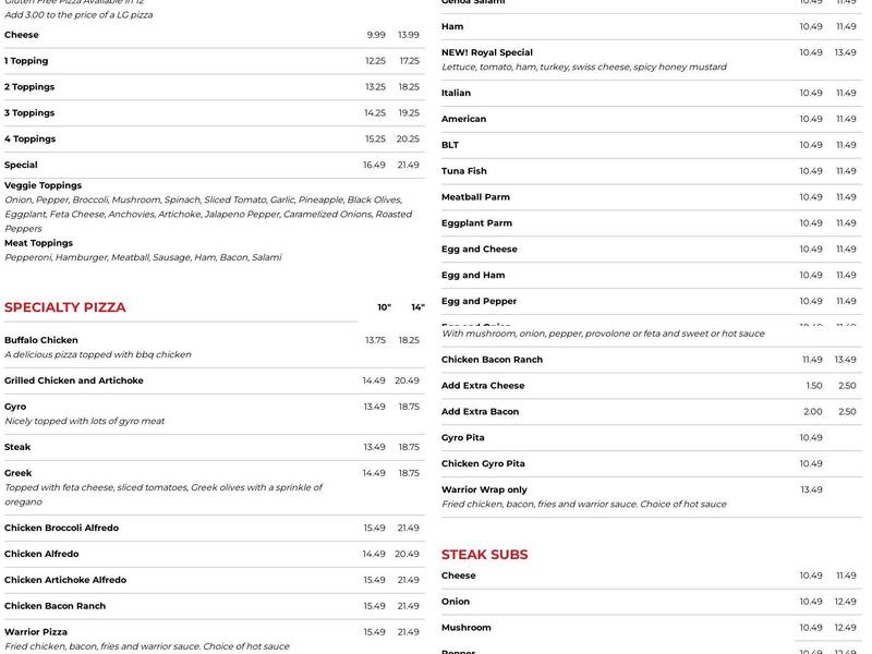 Royal Pizza Menu