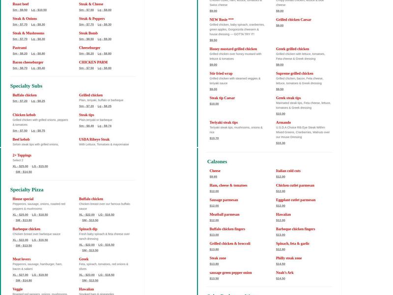 Rosie's Pizzeria Menu