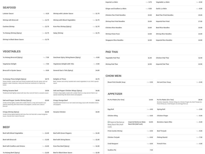 Imperial Kitchen Inc Menu