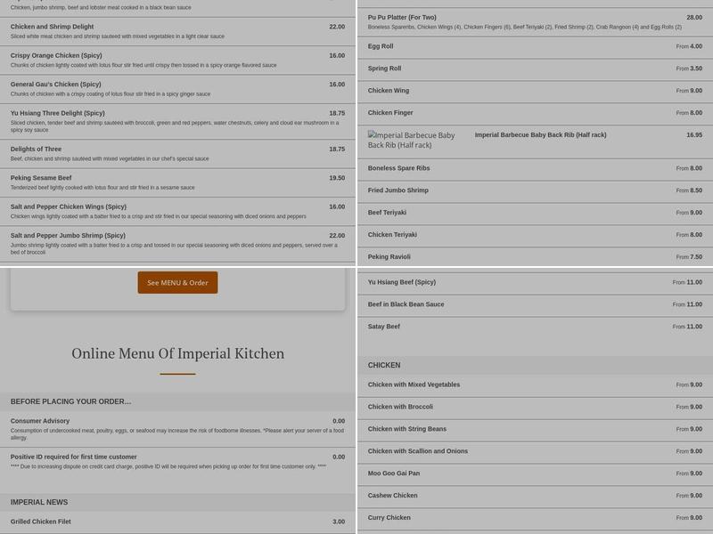 Imperial Kitchen Inc Menu