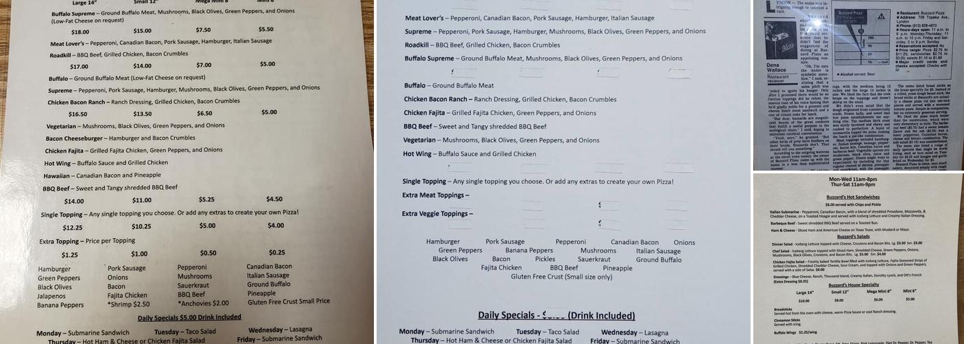 Buzzard's Pizza Menu
