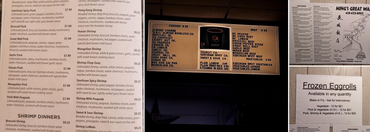 Ming's Great Wall Menu