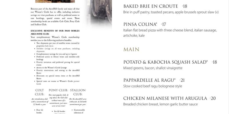 AronHill Winery & Vineyards Menu