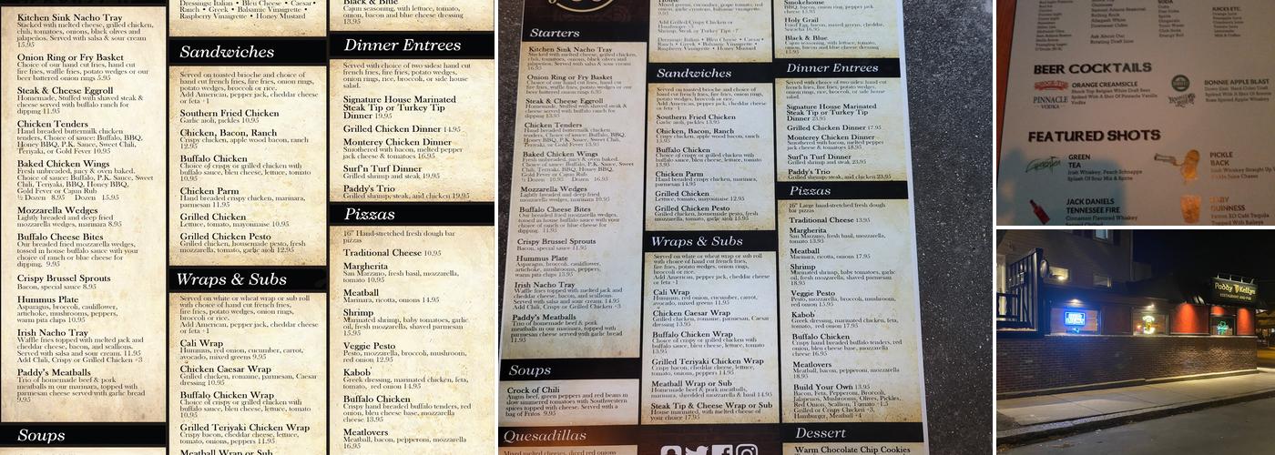 Paddy Kellys Menu