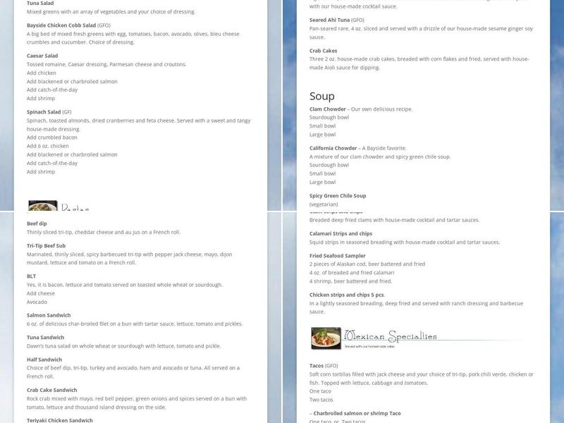 Bayside Cafe Menu
