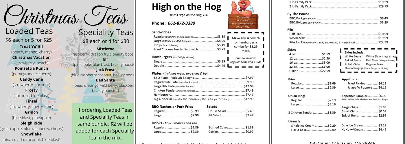 High On The Hog Menu