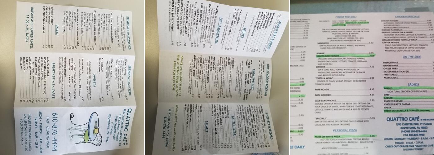 Quattro Cafe in the Baldwin Tower Menu