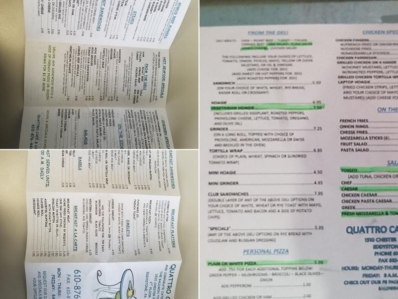 Quattro Cafe in the Baldwin Tower Menu