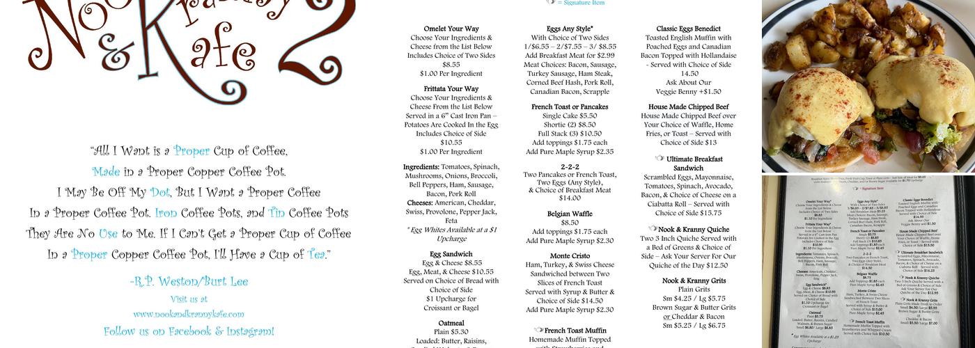 Nook and Kranny Kafe Menu