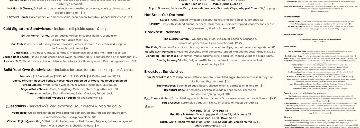 EmJ's Cafe Menu