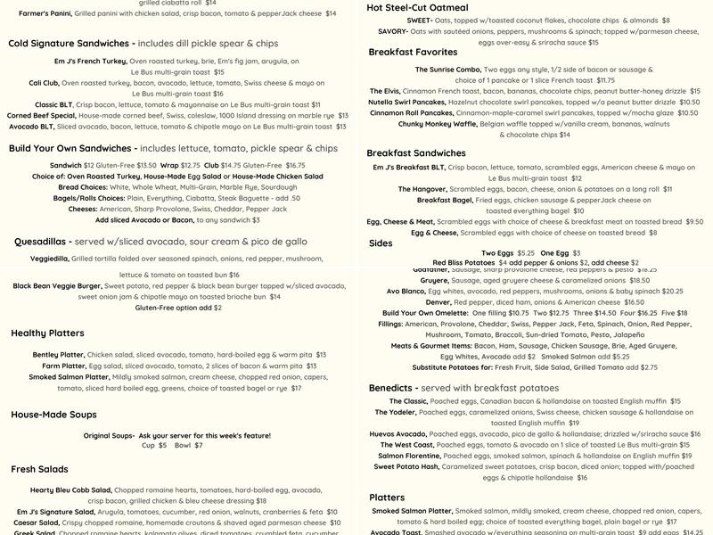 EmJ's Cafe Menu