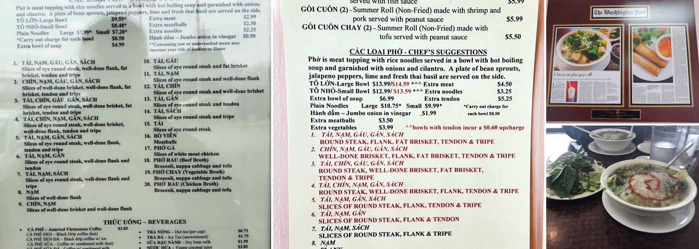 Pho Real Vietnamese Menu