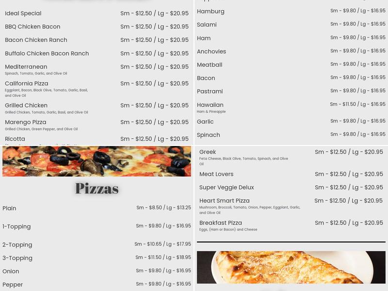 Ideal Pizza Menu