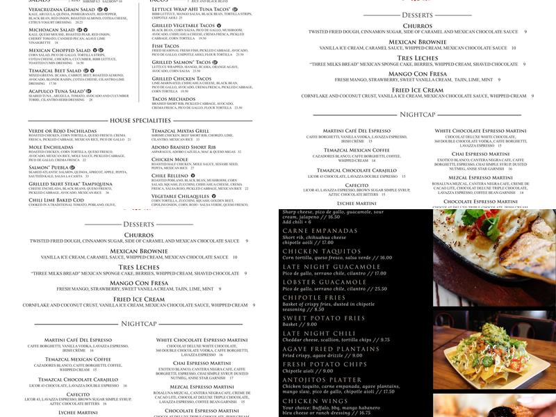 Temazcal Burlington Menu
