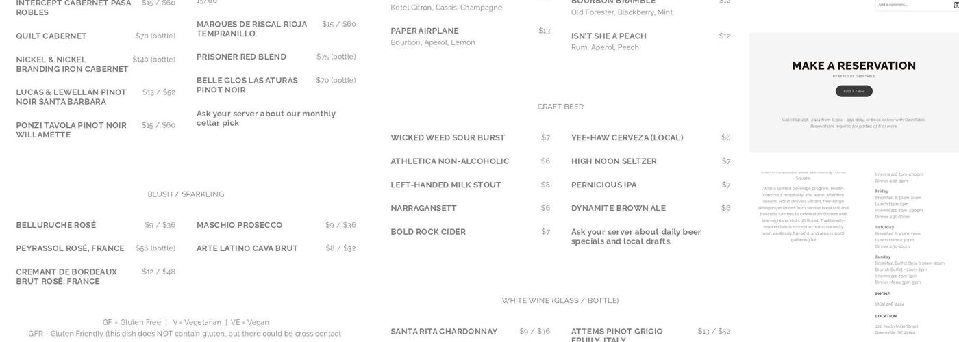 Roost Restaurant Menu