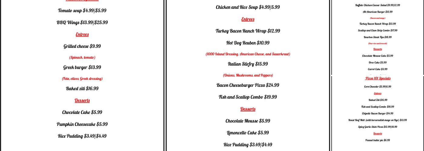 Pizzaria 101 & Family Restaurant Menu