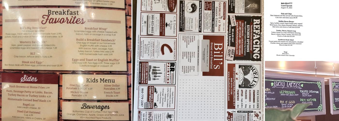 Bill's Bread & Breakfast Menu