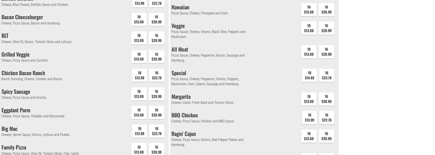 Main Street Pizza and Seafood Restaurant Menu