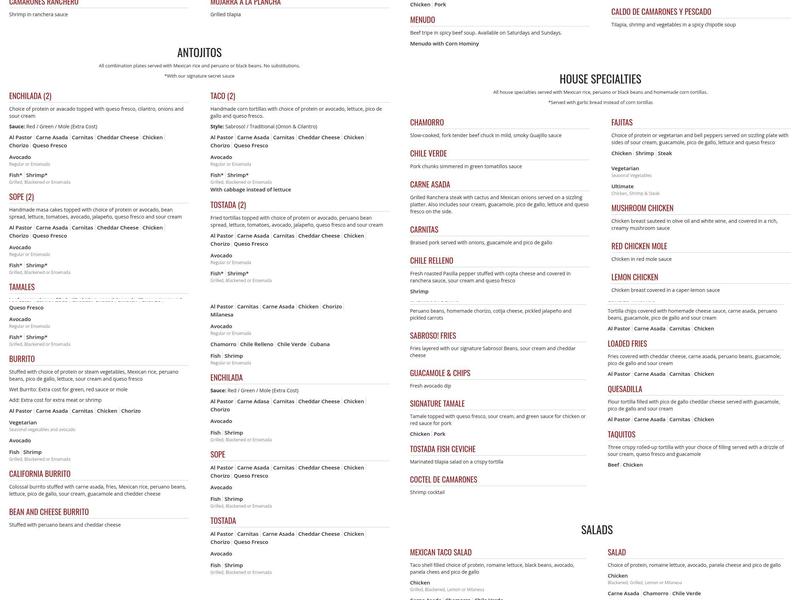 Sabroso! Mexican Grill Menu