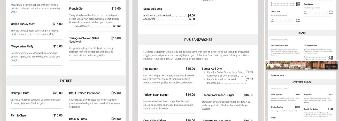 Square One Brewery & Distillery Menu