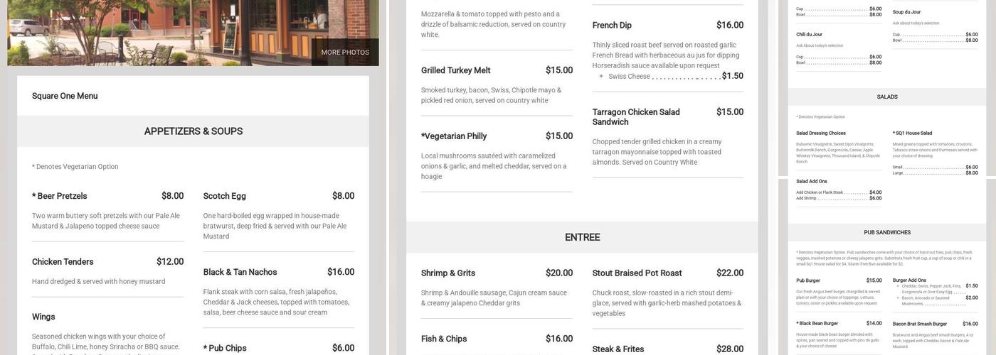 Square One Brewery & Distillery Menu