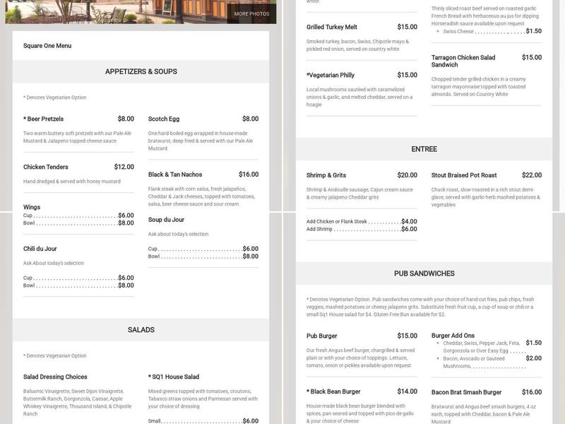 Square One Brewery & Distillery Menu