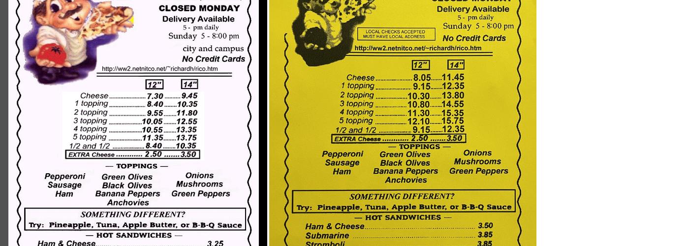 Rick's Pizza Menu