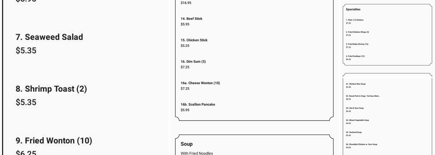 Wah Sing II Chinese Restaurant Menu