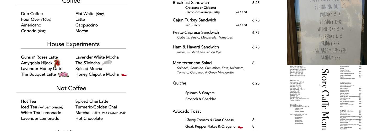 The Story Caffe Menu