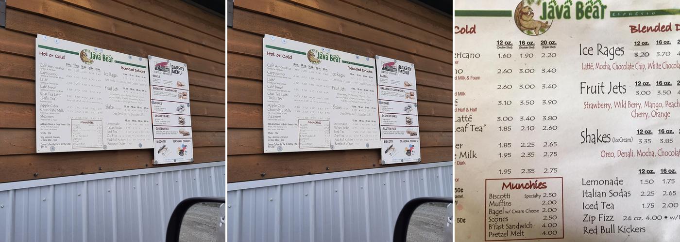 Java Bear Espresso Menu