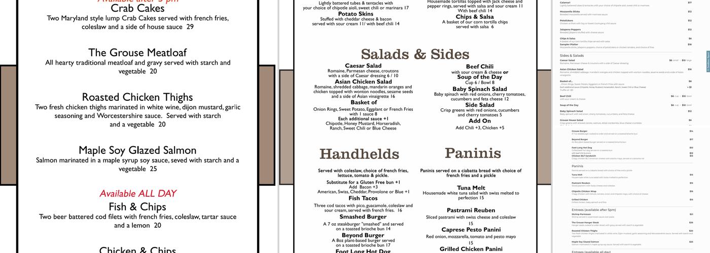 Grouse House Restaurant at Otis Ridge Menu