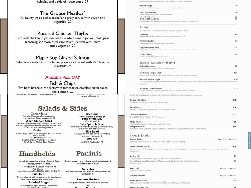 Grouse House Restaurant at Otis Ridge Menu