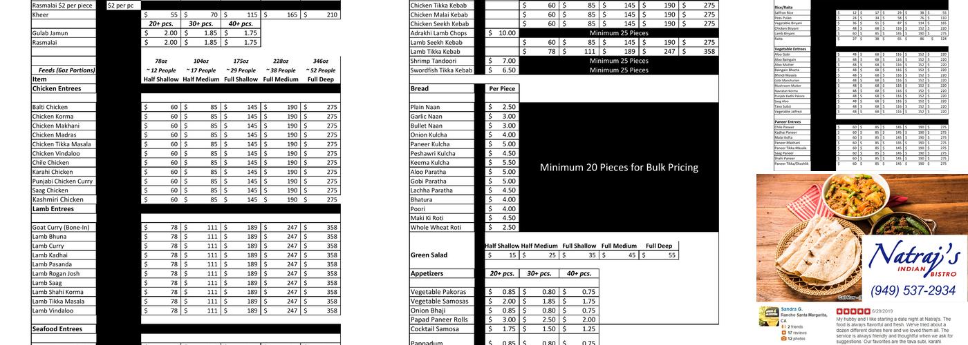 Natraj's Indian Bistro Menu