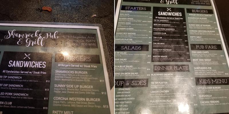 Shamrock's Grille & Pub Menu