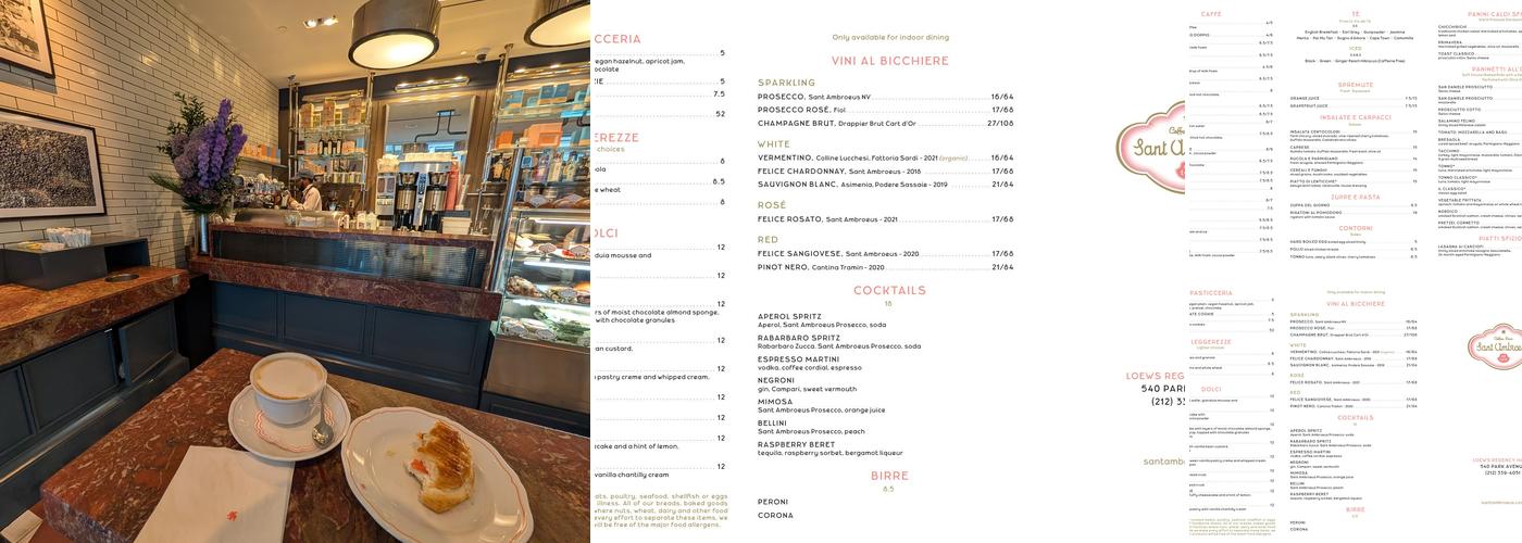 Sant Ambroeus Coffee Bar at Loews Regency Hotel Menu