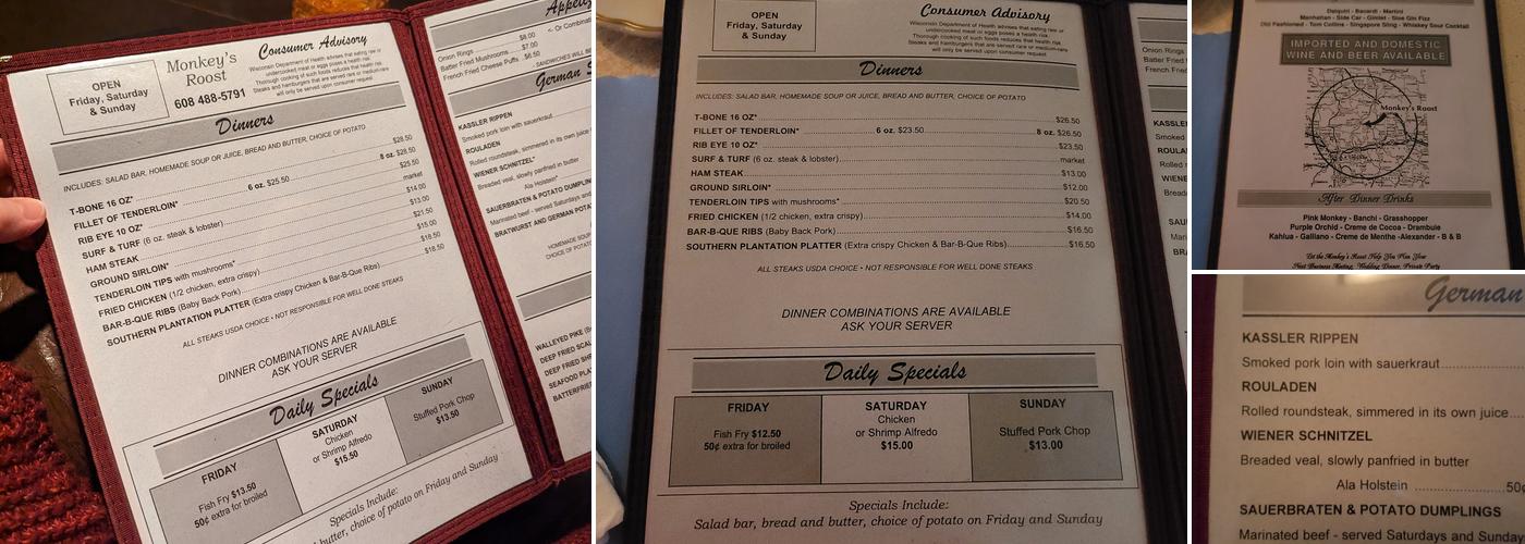 Monkey's Roost Menu