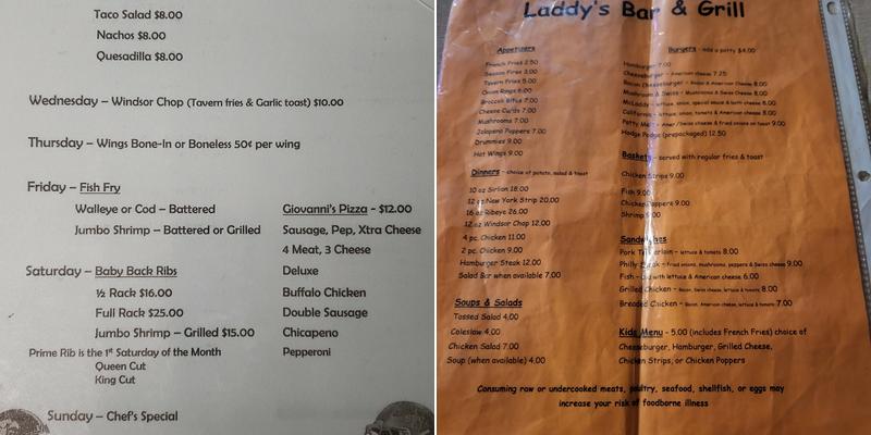 Laddy's Bar & Grill Menu